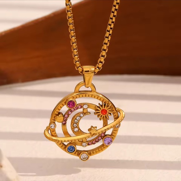 NEW 18K Gold Plated Moon Star Planet Necklace Stainless Steel - Picture 1 of 8